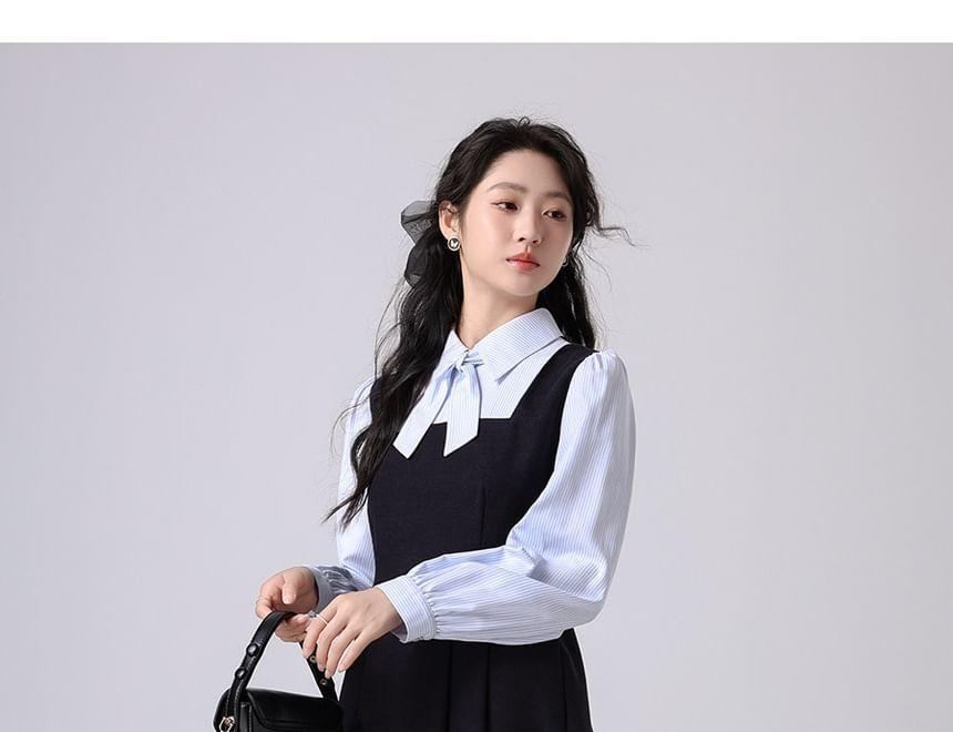 Long-Sleeve Collared Mock Two-Piece Striped Panel Pleated Midi A-Line Dress Product Image