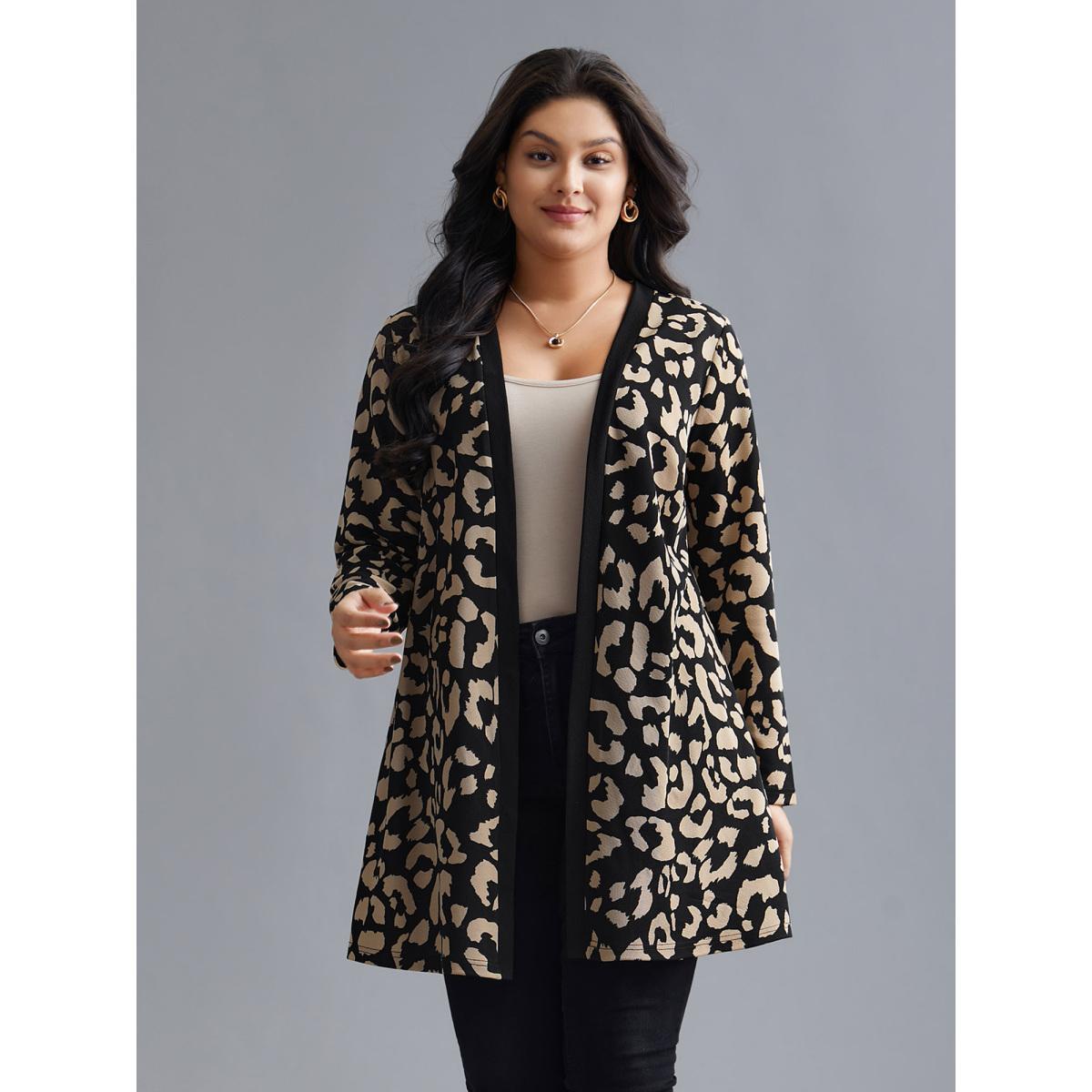 Plus Size Leopard Print Color Contrast Kimono Women LightBrown Elegant Contrast Loose Side seam pocket Everyday Kimonos BloomChic 26/4X Product Image