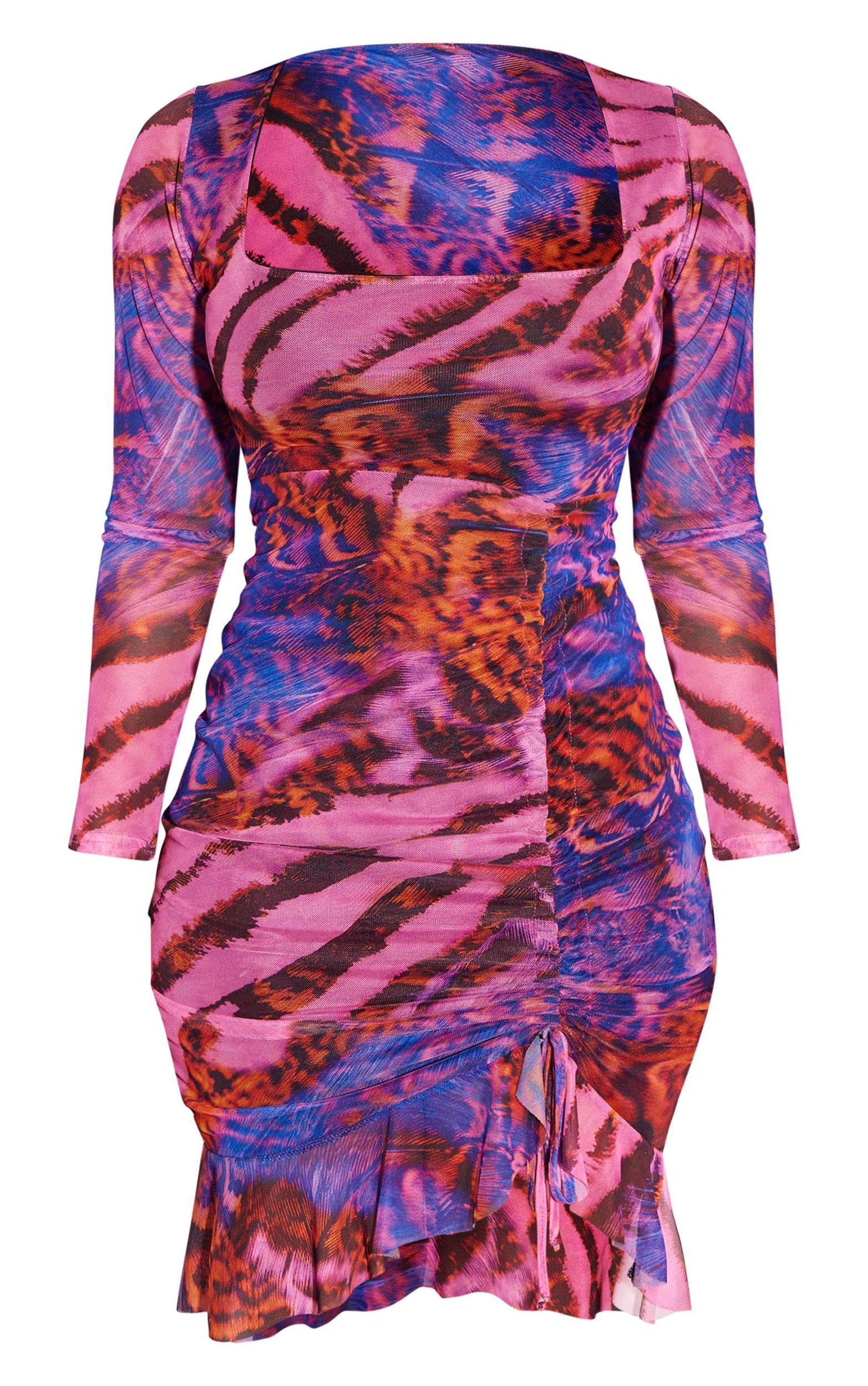 Shape Purple Zebra Printed Mesh Ruched Side Frill Hem Bodycon Dress Product Image