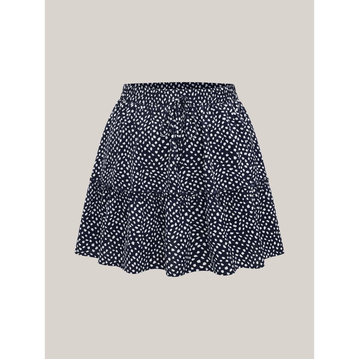 Plus Size Polka Dot Print Tiered Mini Skirt Women Indigo Elegant Drawstring Bodycon Low stretch Slanted pocket Everyday-Elegant Skirts BloomChic 22-24/3X Product Image