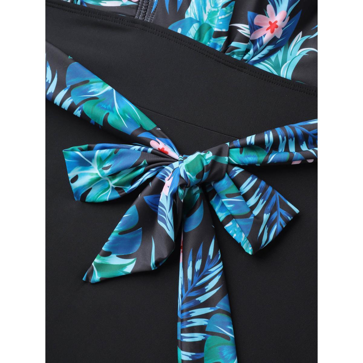 Plus Size Floral Print Spliced Ruffled Straps Swim Dress Women's Swimwear Black Beach Bodycon V-neck High stretch Curve Swim Dresses BloomChic 22-24/3X Product Image