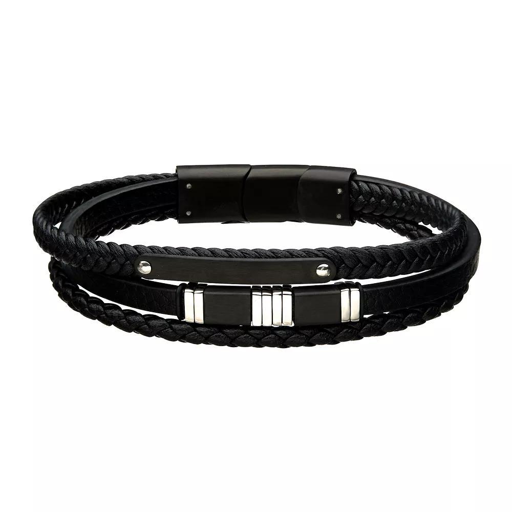 Men's Stainless Steel Bar & Black Leather Multistrand Bracelet, Size: 8.5" Product Image