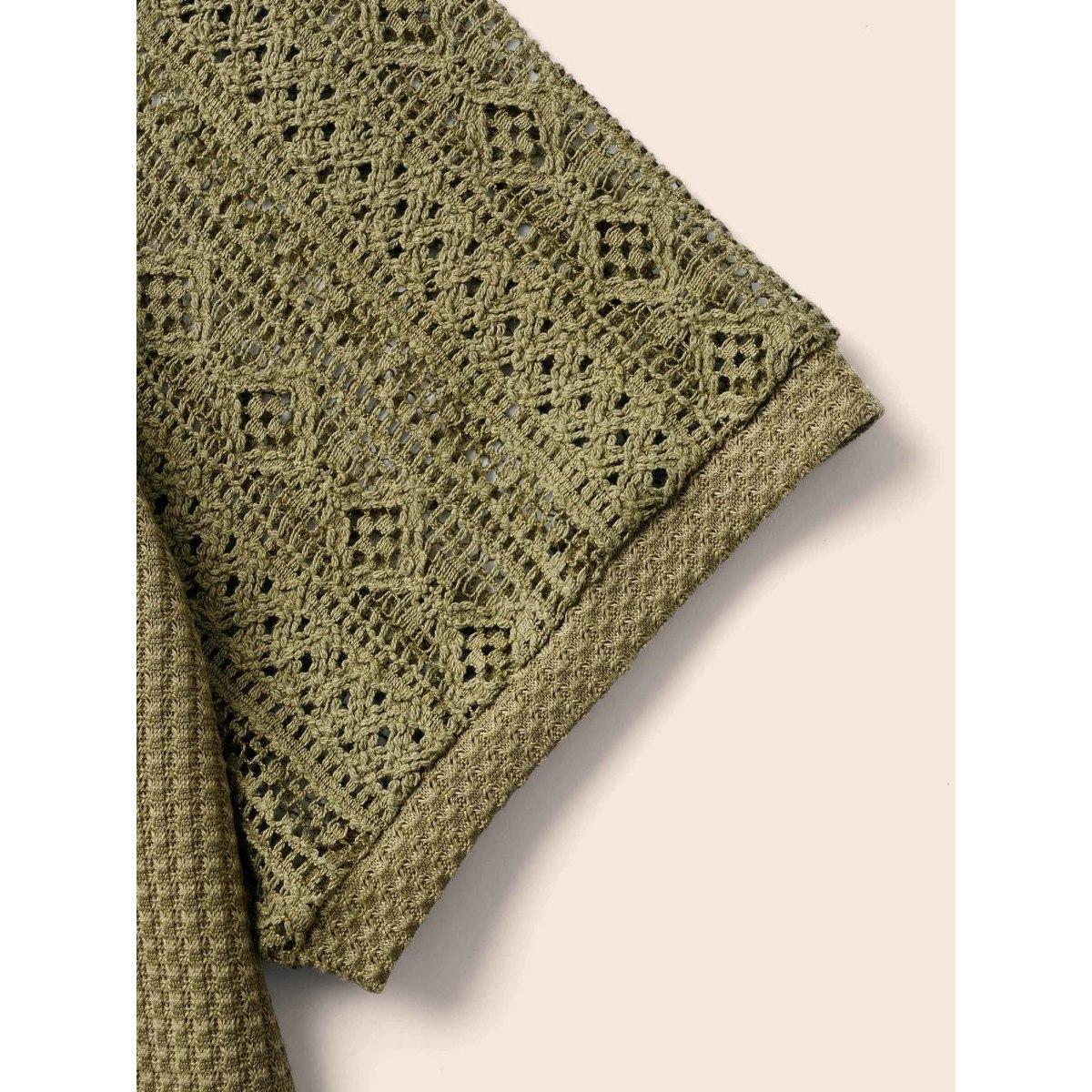 Plus Size V Neck Waffle Knit Crochet Lace T-shirt Olive Women Casual Texture V-neck Everyday T-shirts BloomChic 18-20/2X Product Image