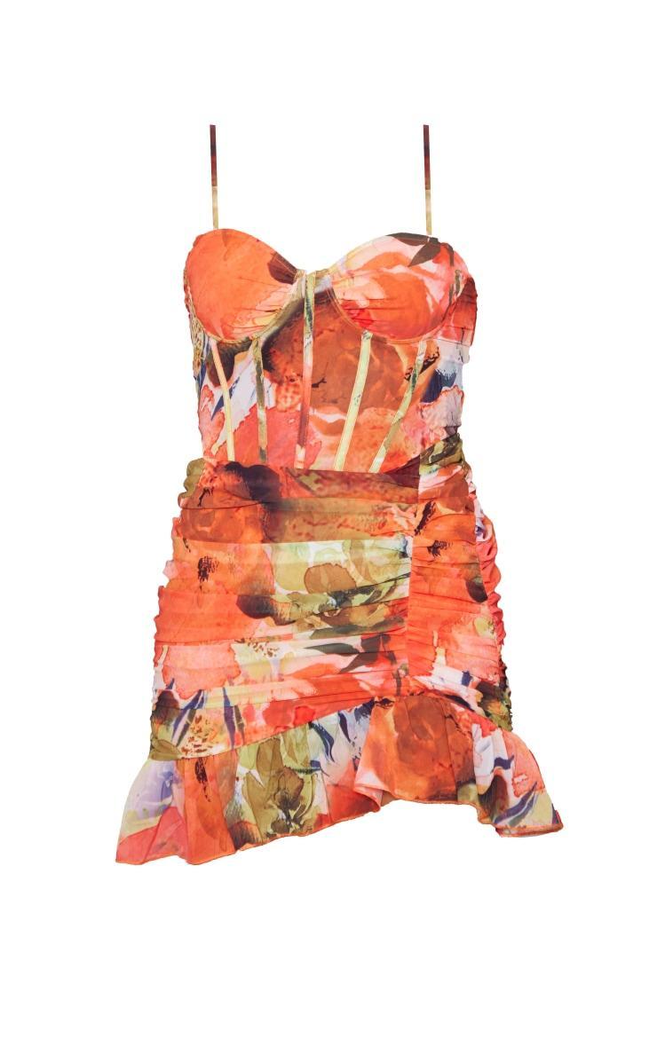 Orange Floral Print Corset Frill Hem Bodycon Dress Product Image
