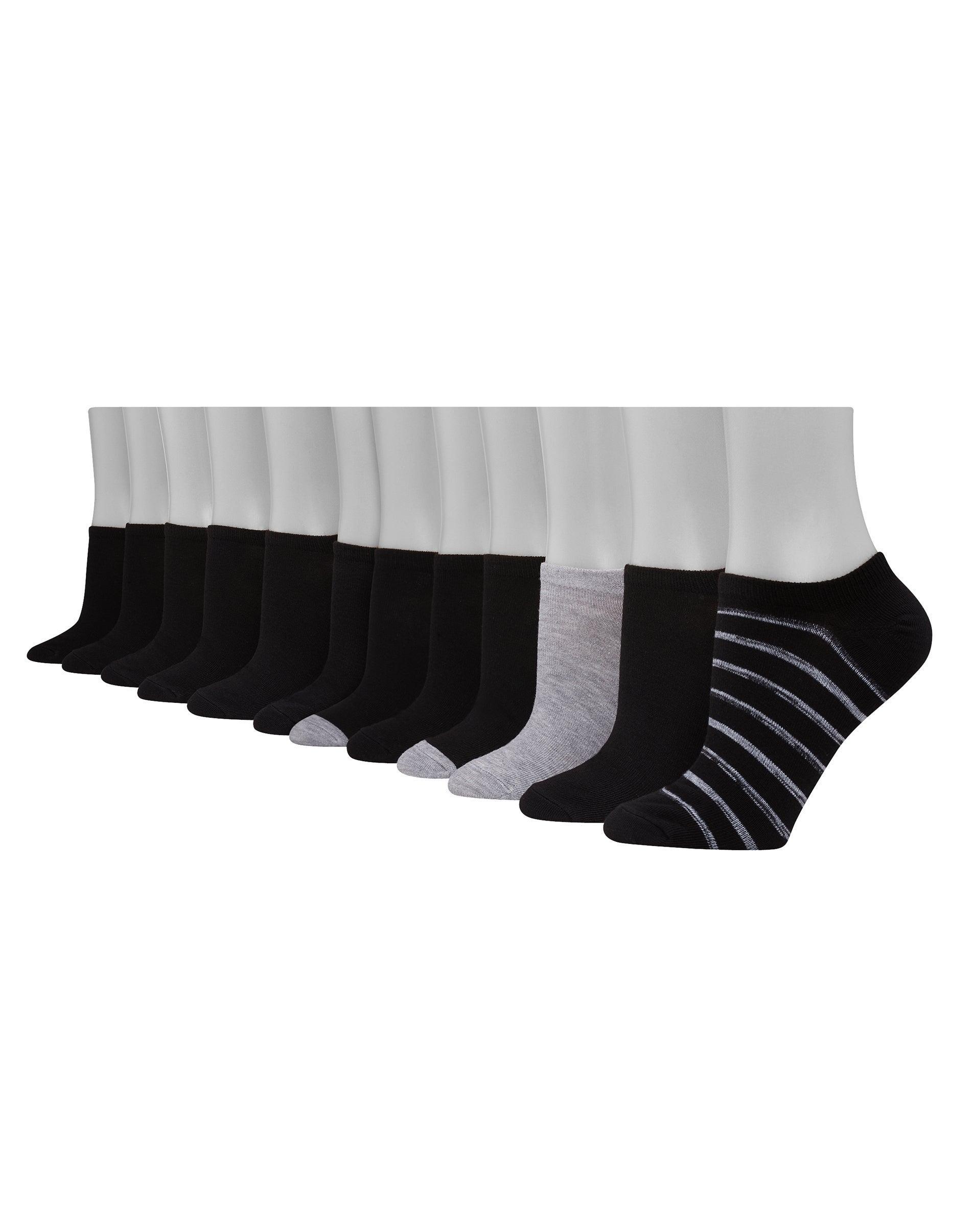 Hanes Womens Lightweight No Show Socks, 12-Pairs WhitewGreyStripeWhiteGreyHeelToe 5-9 Product Image