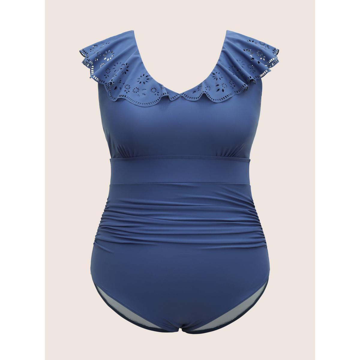 Plus Size Plain Laser Cut Flutter Trim One Piece Swimsuit Women's Swimwear Indigo Beach Gathered Curve Bathing Suits High stretch One Pieces BloomChic 14-16/1X Product Image