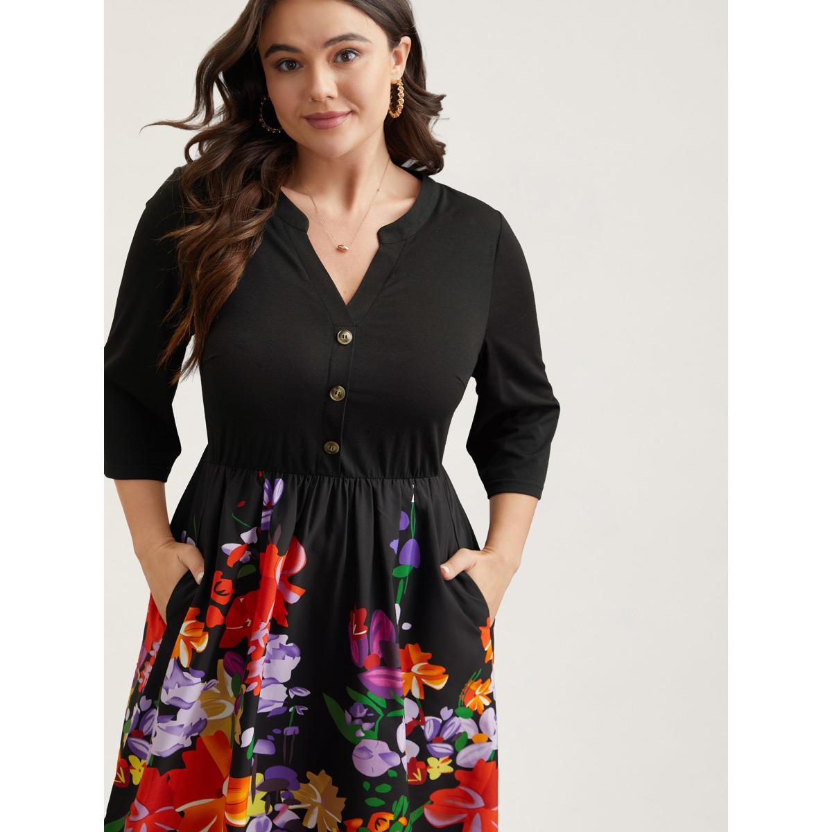 Plus Size Brush Stroke Flowers Notched Collar Dress Black Women Casual Button V-neck Elbow-length sleeve Curvy BloomChic 28/5X Product Image