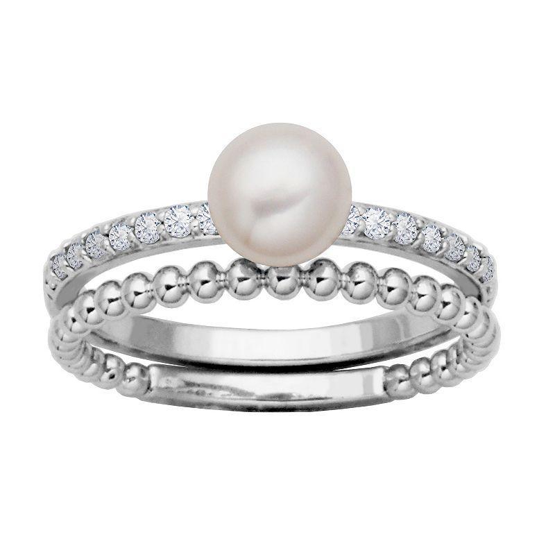 Sterling Silver Genuine Cultured Pearl & Cubic Zirconia Beaded Ring Set, Women's, Size: 9 Product Image