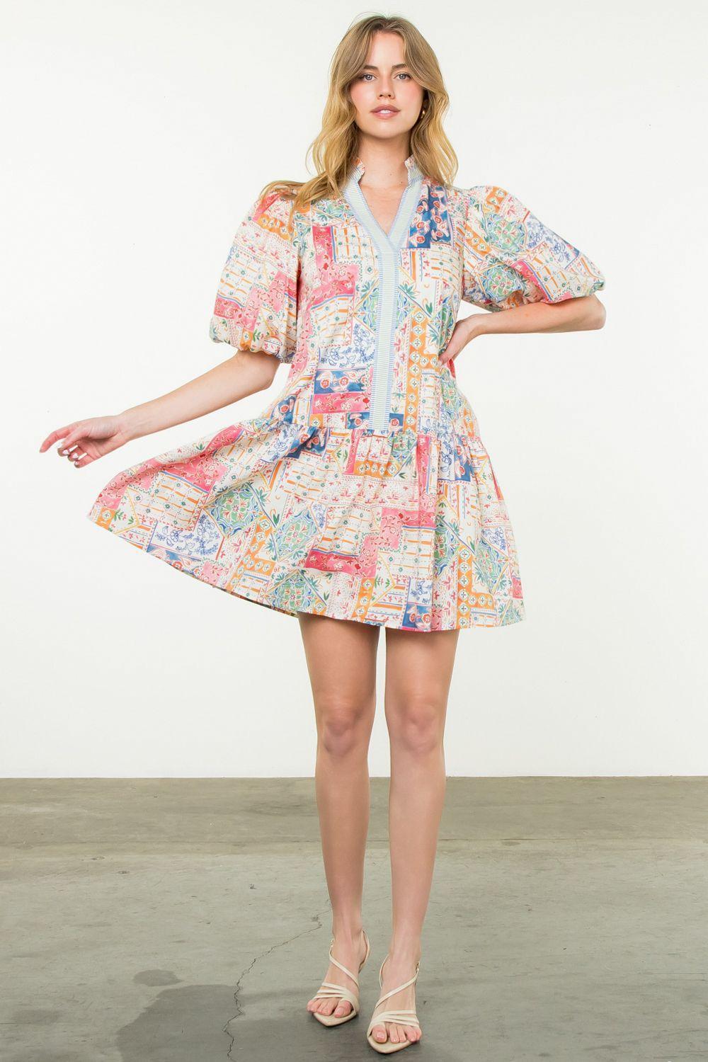 Paisley Puff Sleeve Print Dress Product Image