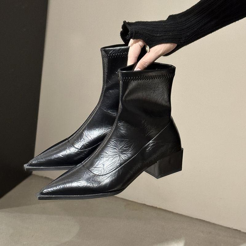 Pointed Toe Faux Leather Chunky Heel Short Boots Product Image