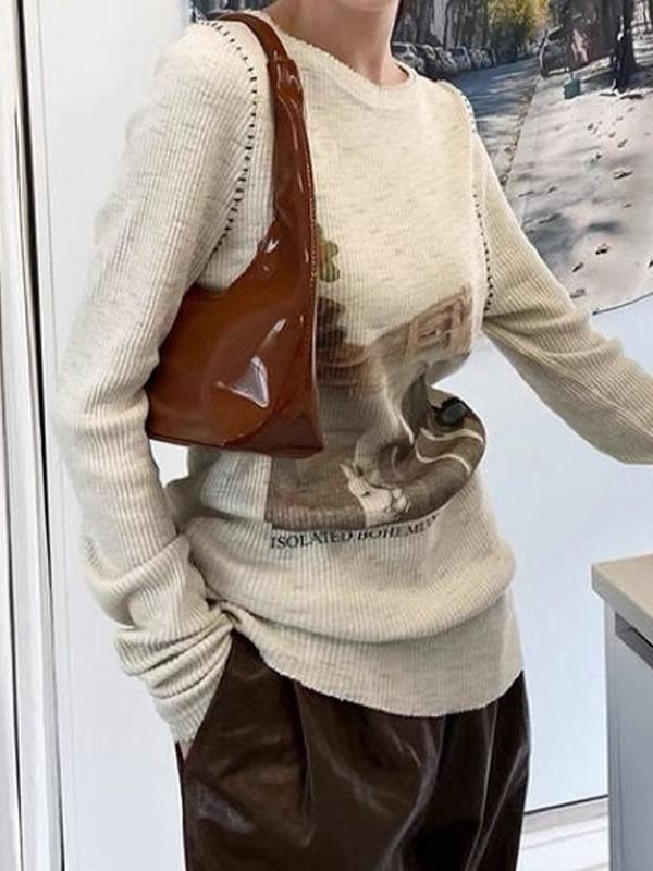 Vintage Print Stitch Detail Long Sleeve Knit Product Image
