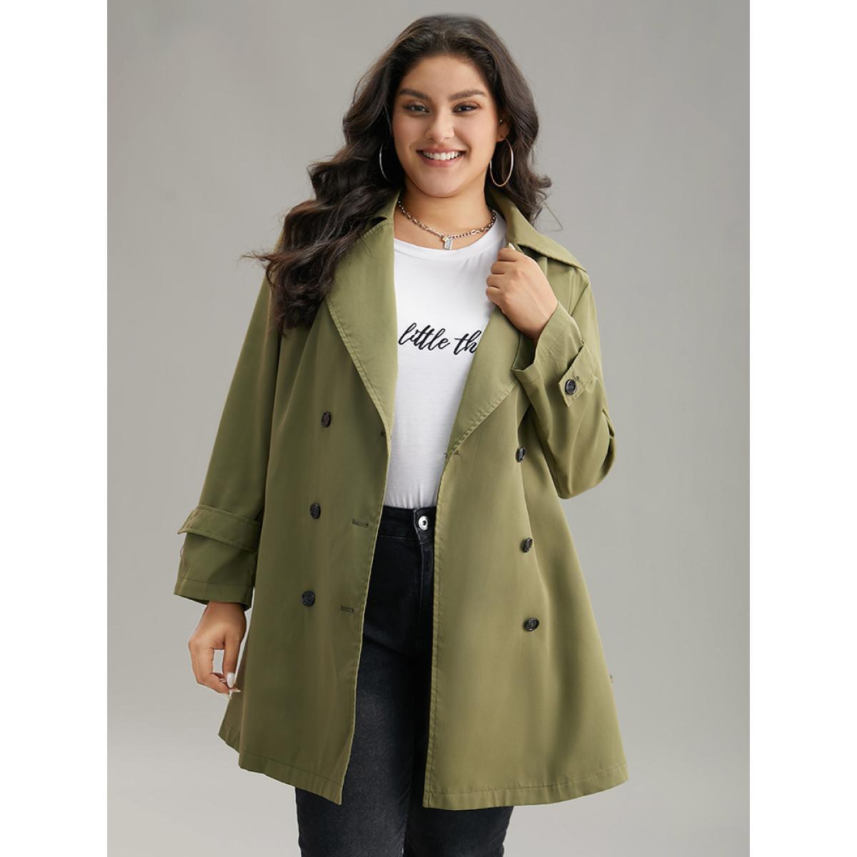 Plus Size Plain Double Breasted Belted Pocket Windbreaker Women ArmyGreen Casual Plain Ladies Dailywear Winter Coats BloomChic 10/M Product Image