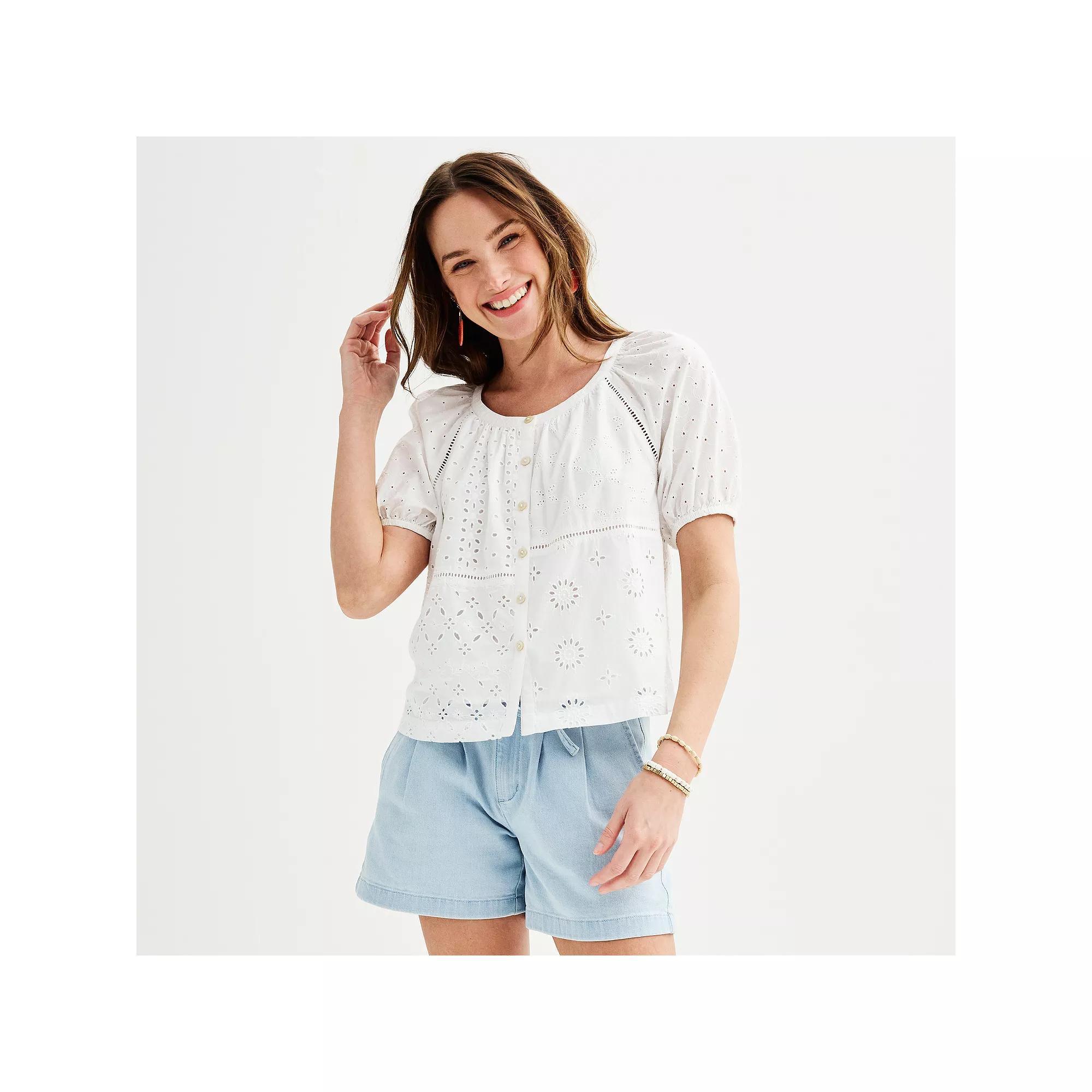 Women's Sonoma Goods For Life® Short Puff Sleeve Eyelet Detailed Button Down Top, Size: XXL, Vital White Product Image