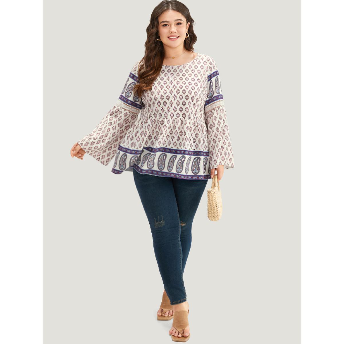 Plus Size Beige Boho Print Patchwork Lace Crew Neck Flutter Sleeve Blouse Women Vacation Long Sleeve Round Neck Vacation Blouses BloomChic 28/5X Product Image