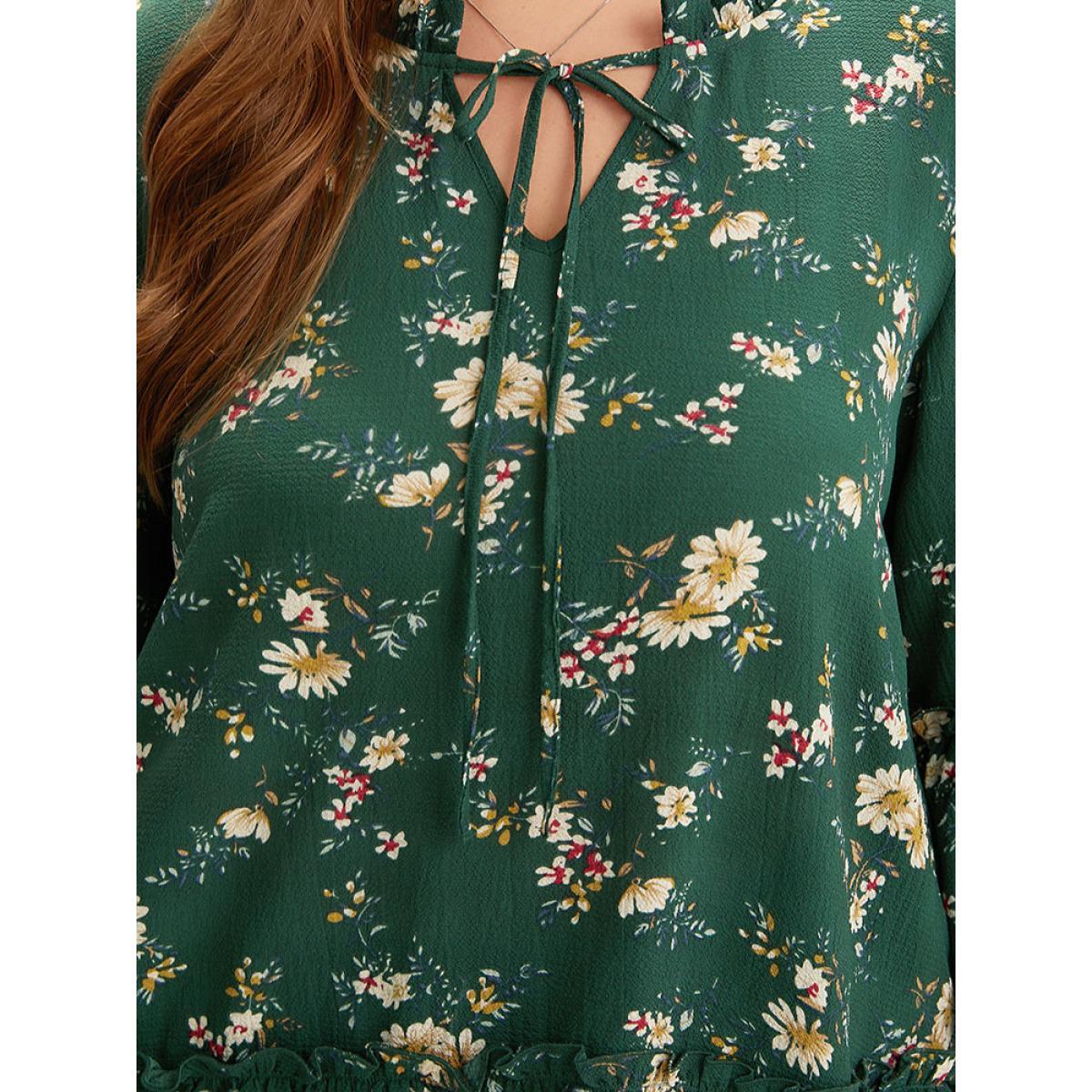 Plus Size DarkGreen Floral Print Knot Neck Ruffle Trim Blouse Women Elegant Elbow-length sleeve Tie Neck Dailywear Blouses BloomChic 18-20/2X Product Image