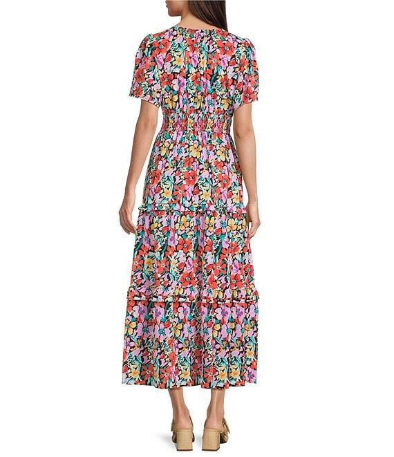Calessa Mesh Knit Floral V-Neck Short Sleeve Dress Product Image