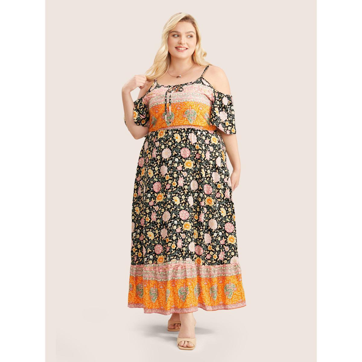 Plus Size Floral Print Pocket Keyhole Ruffles Cold Shoulder Maxi Dress Black Women Resort Non Non Half Sleeve Curvy Long Dress BloomChic 10/M Product Image