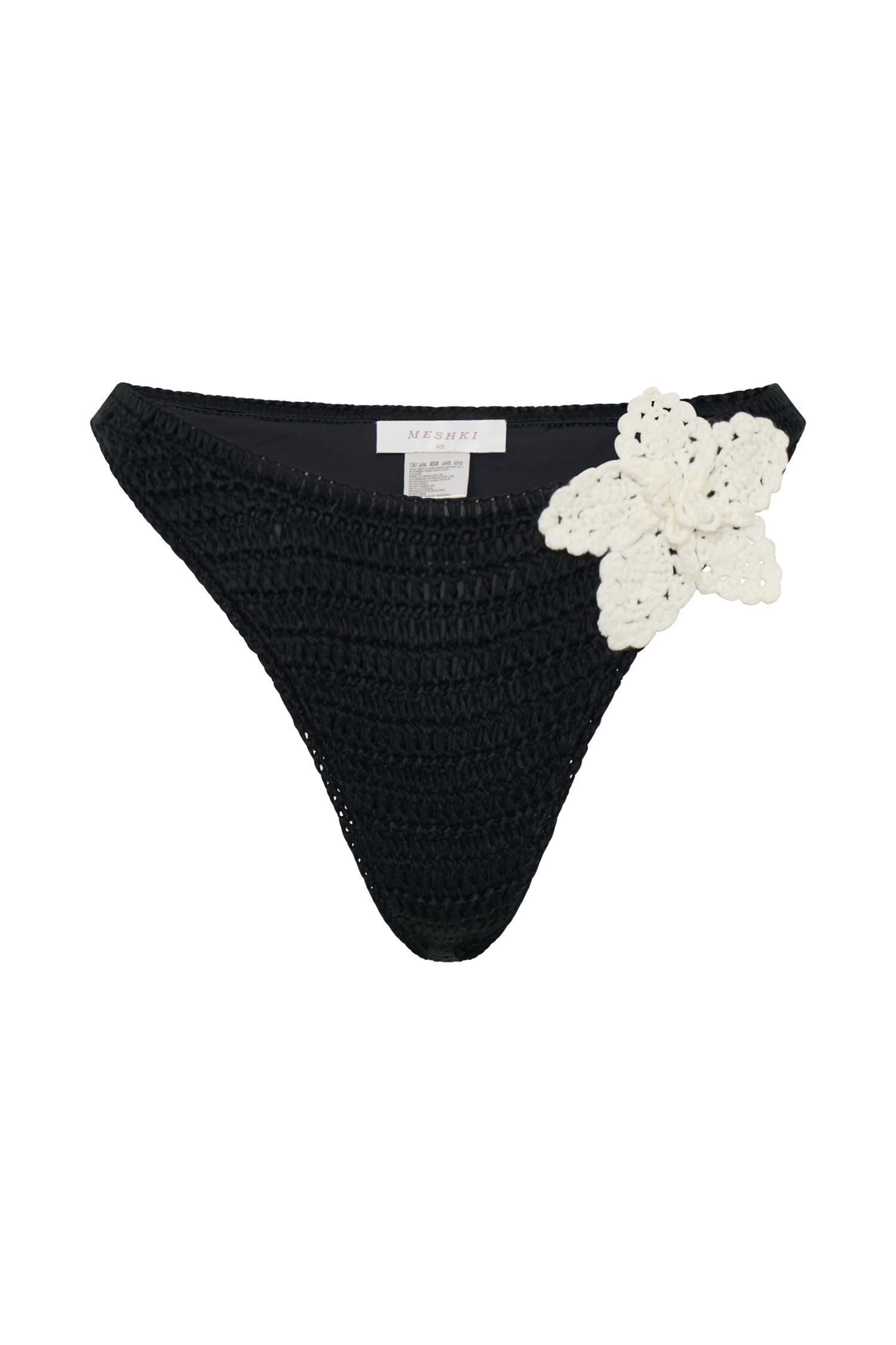 Skye Floral Crochet Tie Up Bikini Bottom - Black And White Product Image