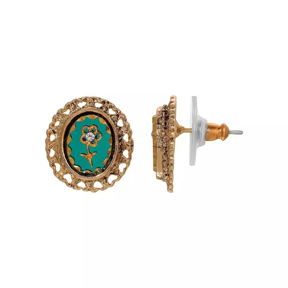 1928 Gold Tone Decal Oval Button Stud Earrings, Womens, Green Product Image
