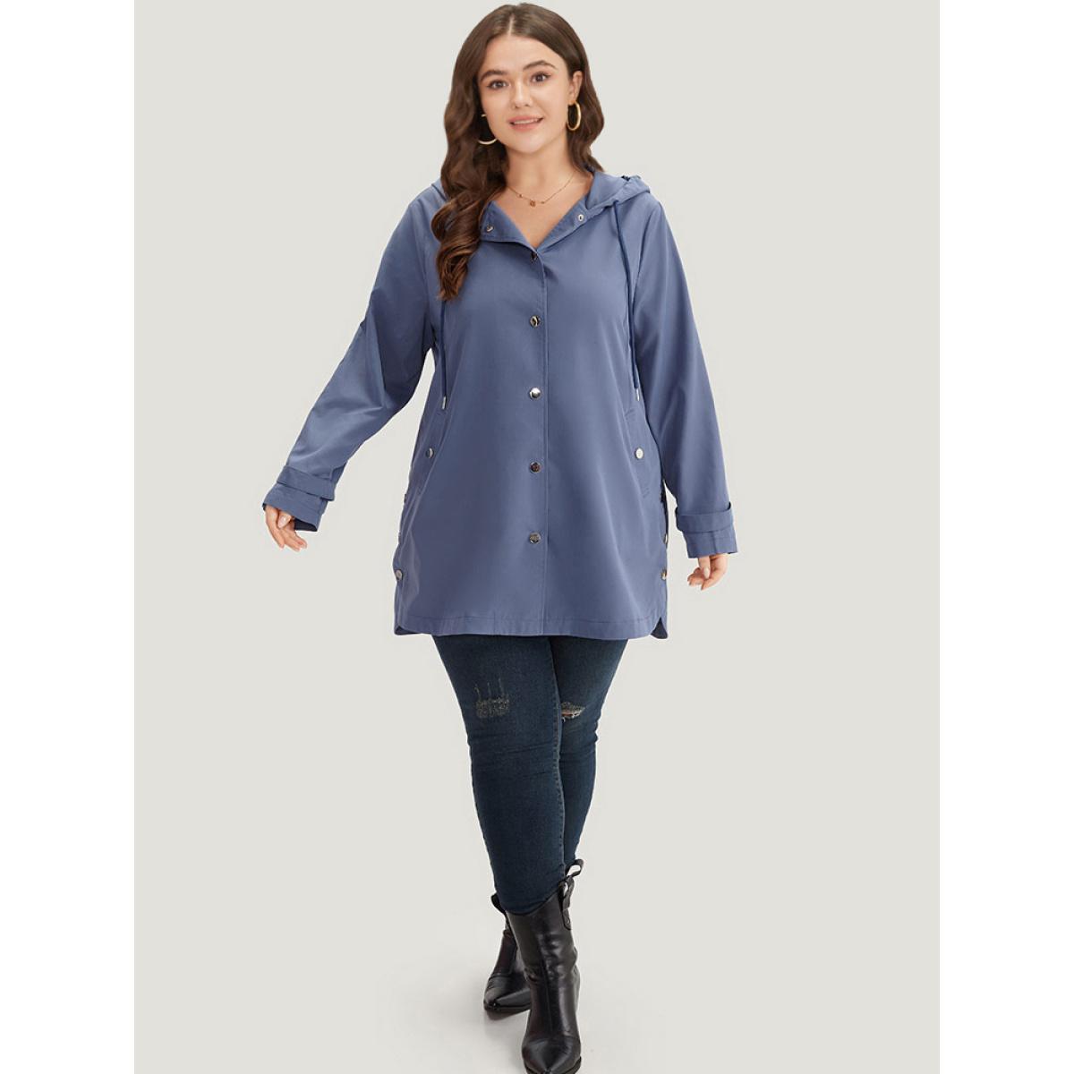 Plus Size Plain Button Detail Hooded Drawstring Coat Women DarkBlue Casual Plain Ladies Dailywear Winter Coats BloomChic 22-24/3X Product Image