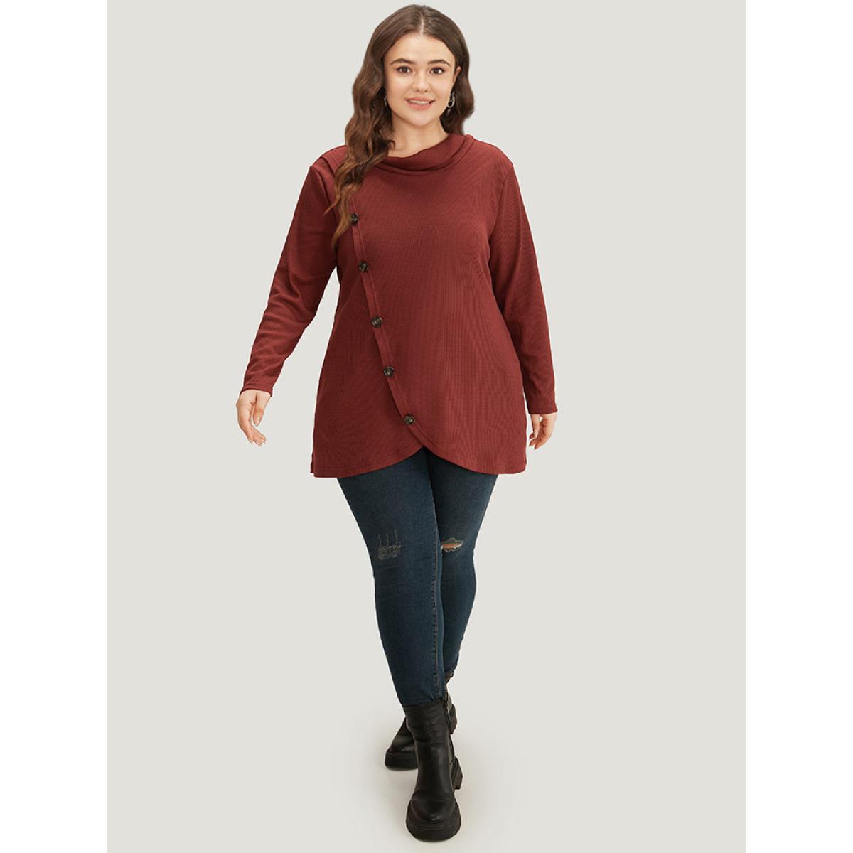 Plus Size Rib Knit Mock Neck Wrap Pocket Button Detail Sweatshirt Women Scarlet Casual Wrap Mock Neck Dailywear Sweatshirts BloomChic 12/L Product Image