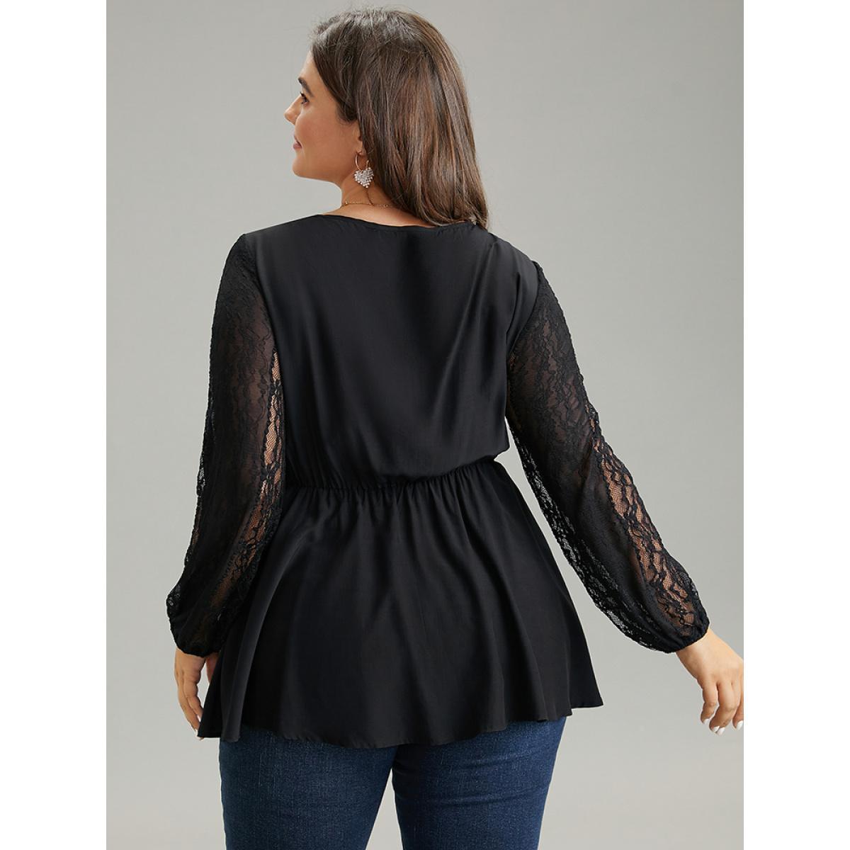 Plus Size Black Crochet Lace Bowknot Elastic Waist Blouse Women Elegant Long Sleeve Square Neck Dailywear Blouses BloomChic 26/4X Product Image