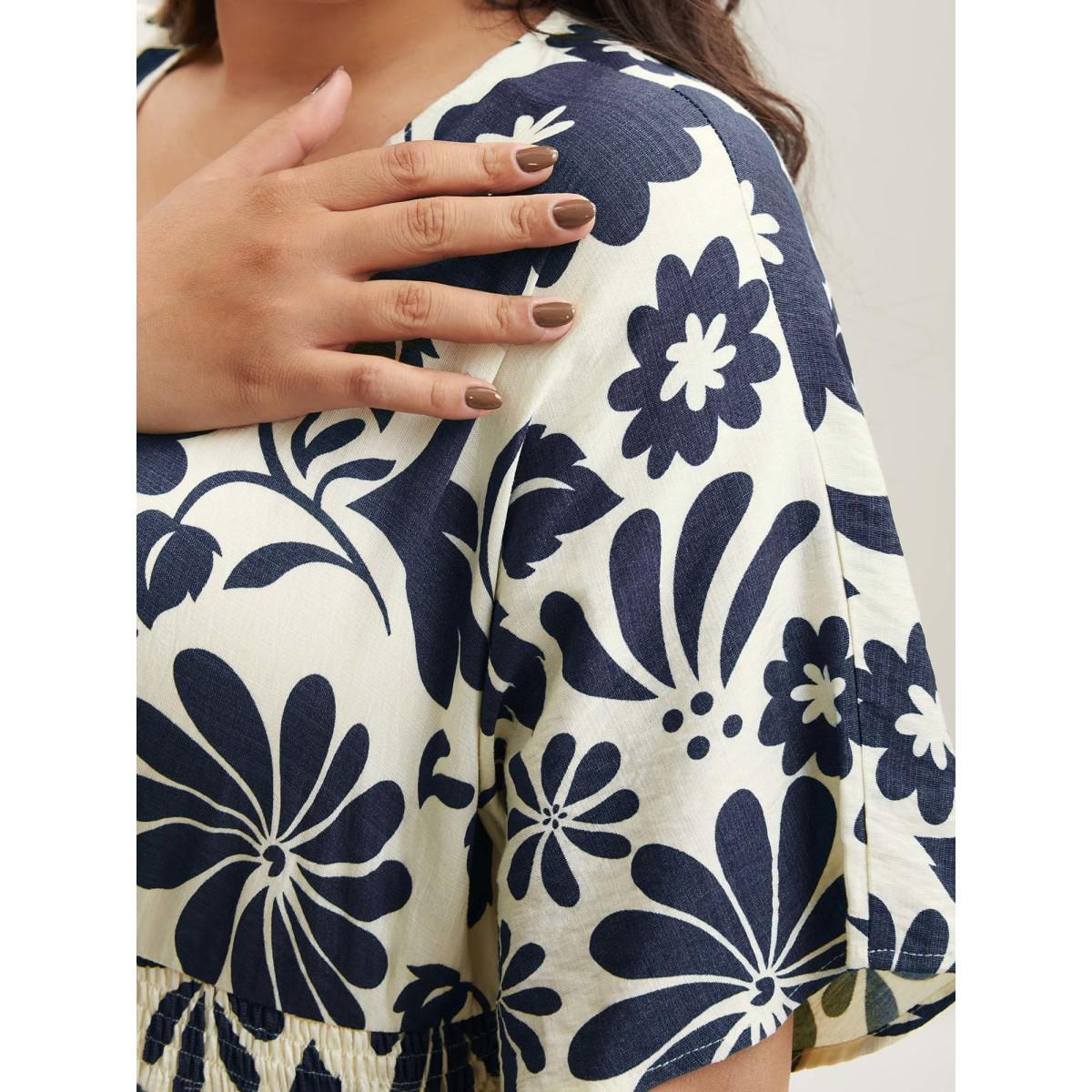 Plus Size Large Floral Print Pockets Midi Dress Indigo Women Slit V-neck Short sleeve Curvy BloomChic 22-24/3X Product Image