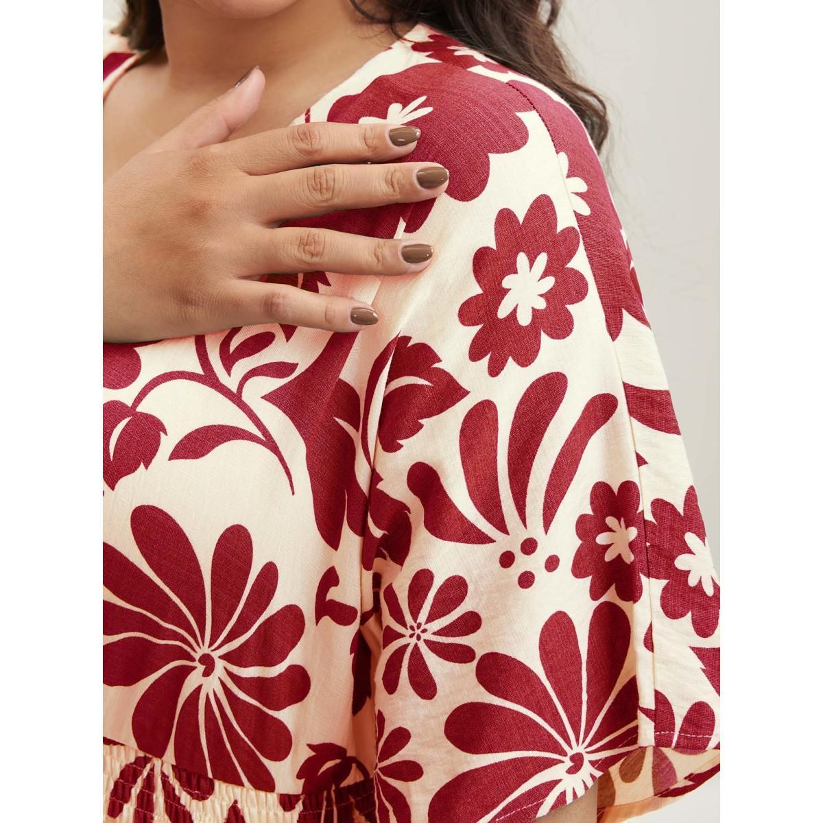 Plus Size Large Floral Print Pockets Midi Dress Burgundy Women Slit V-neck Short sleeve Curvy BloomChic 18-20/2X Product Image