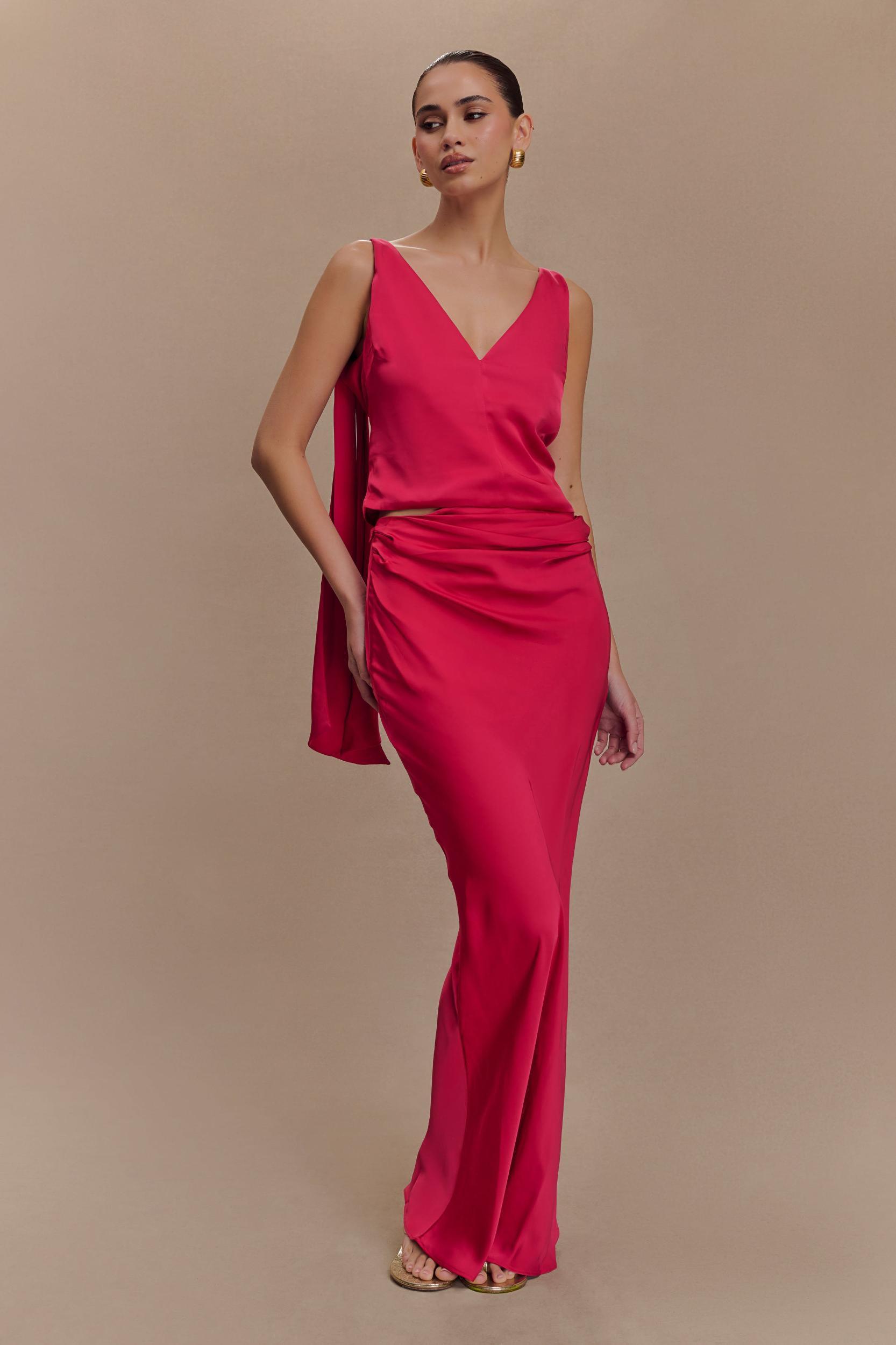 Nicola Satin Asymmetric Maxi Skirt - Pink Cherry Product Image