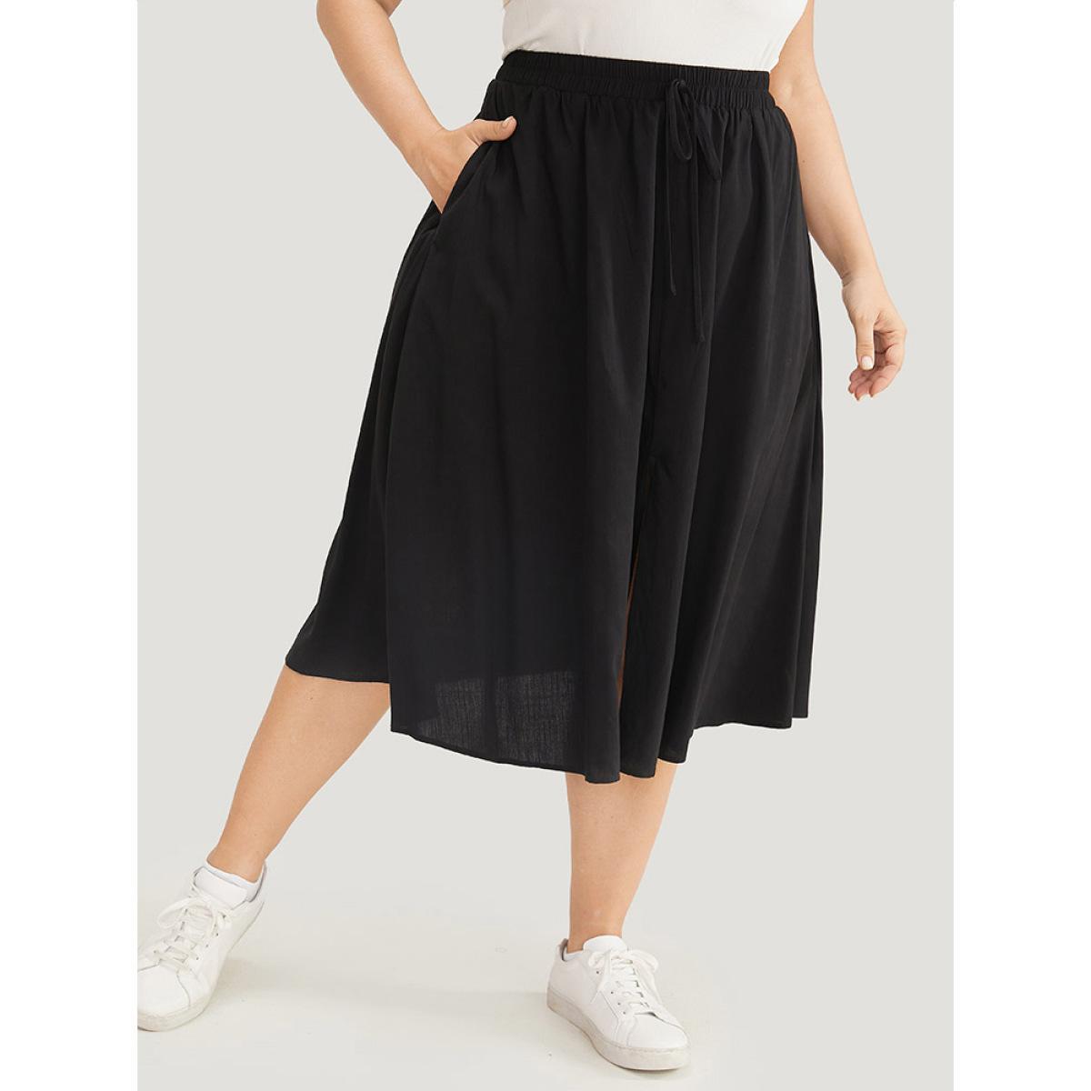 Plus Size Solid Pocket Knot Elastic Waist Split Hem Skirt Women Black Casual Knotted Loose No stretch Pocket Dailywear Skirts BloomChic 26/4X Product Image