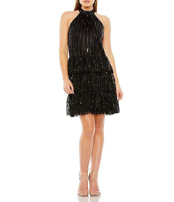 Mac Duggal Halter Neck Tiered Sequin Mesh A-Line Dress Product Image