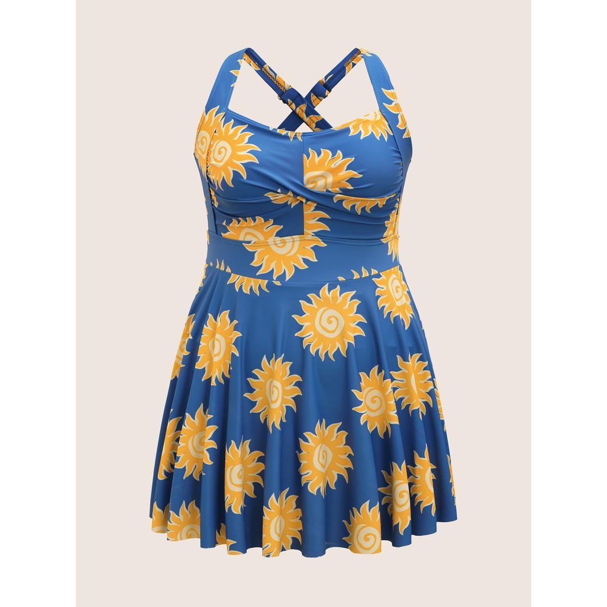 Plus Size Heart Neckline Sun Print Crossover Swim Dress Women's Swimwear Cerulean Beach Bodycon Heart neckline High stretch Curve Swim Dresses BloomChic 14-16/1X Product Image
