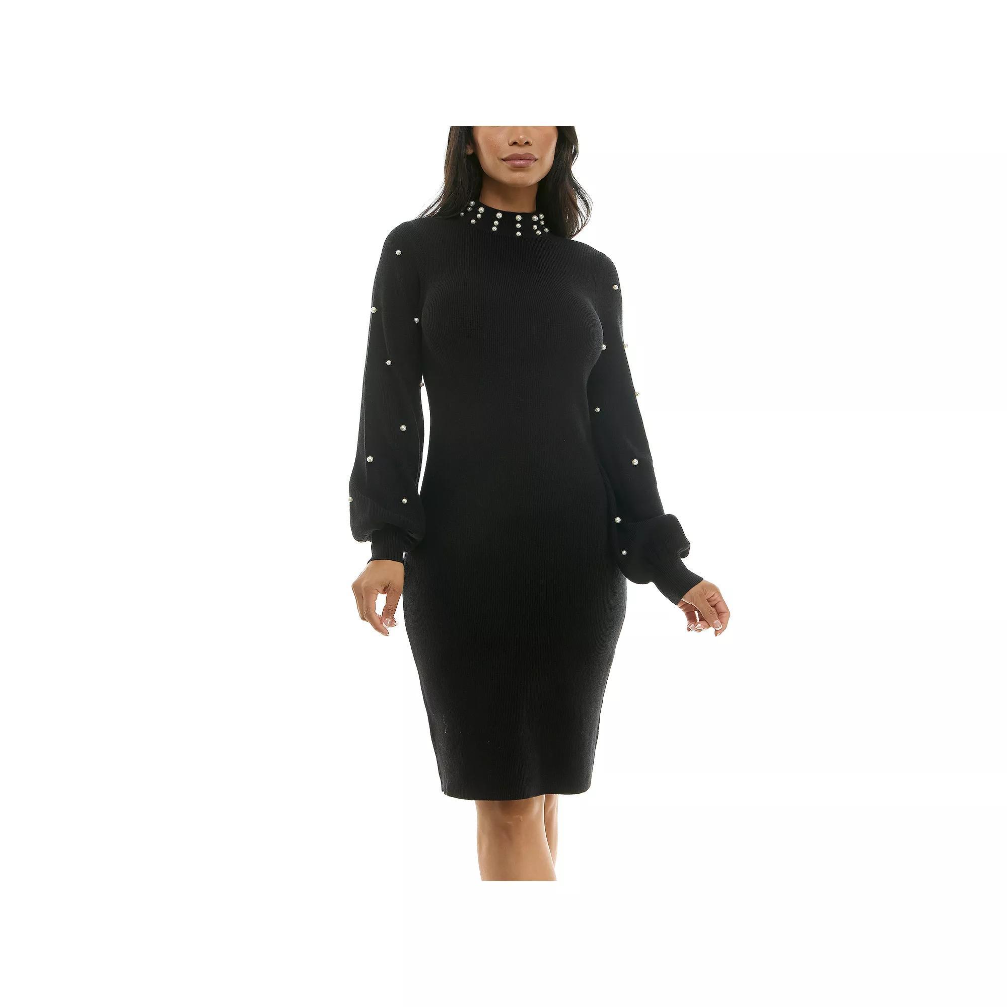 Women's Nina Leonard Mock Neck Sweater Dress with Faux Pearls, Size: Small, Black Product Image