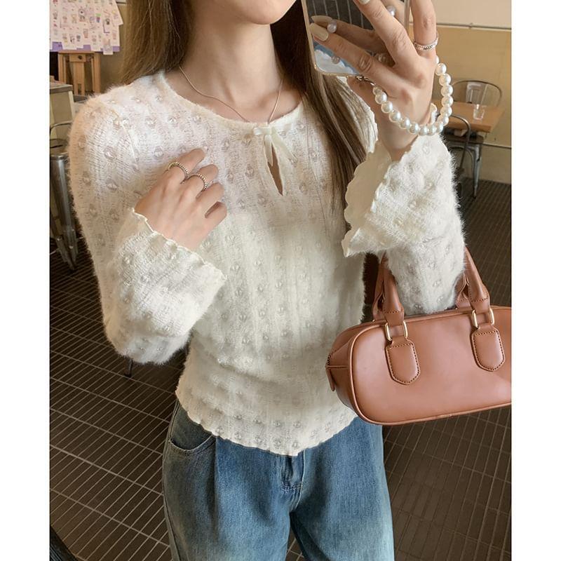 Long-Sleeve Round Neck Patterned Blouse Product Image