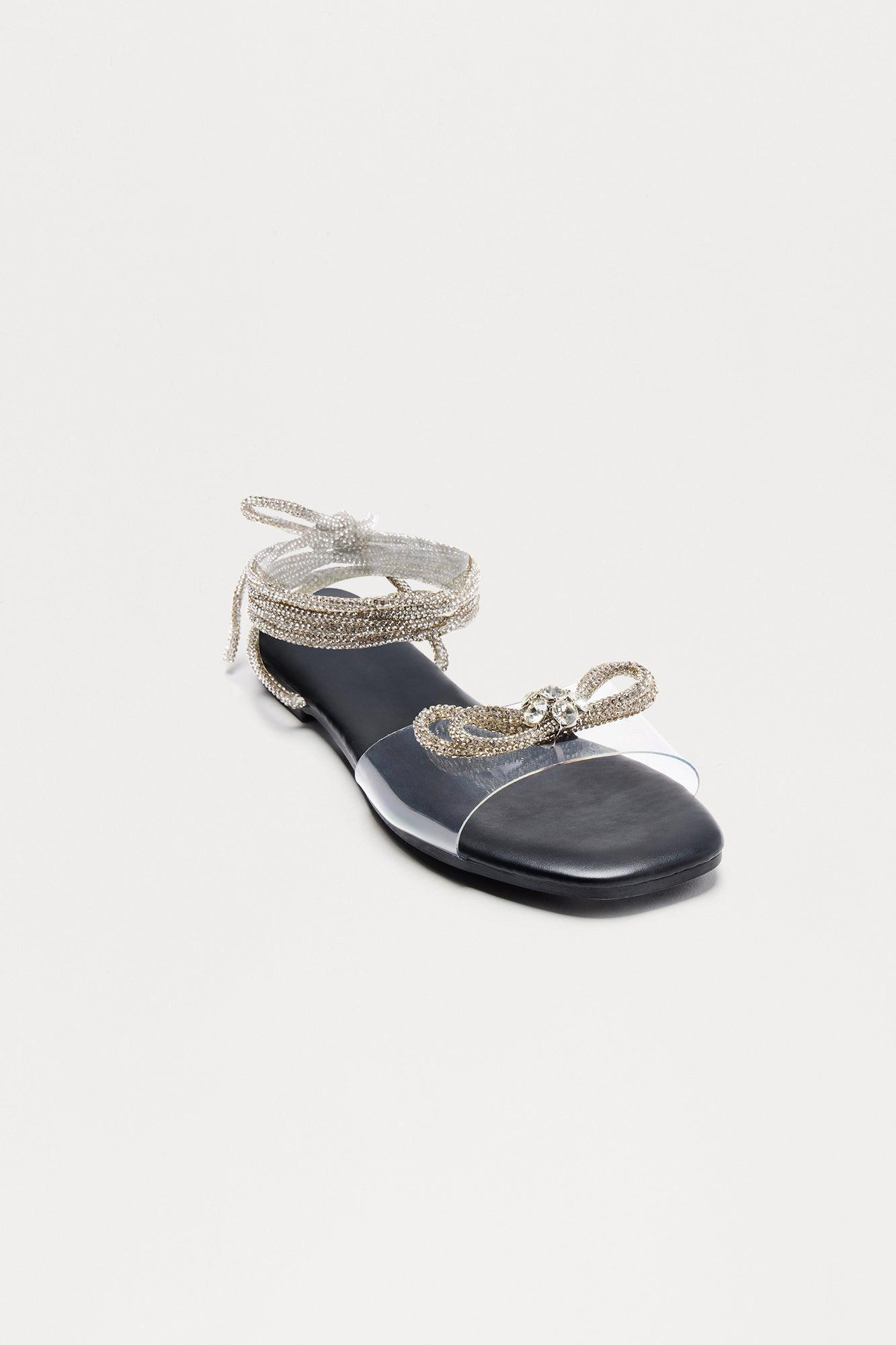 Elian Rhinestone Bow Wrap Up Sandals - Black Product Image