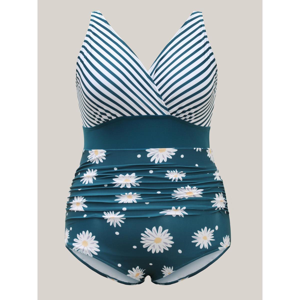 Plus Size Floral Stripe Print Ruched One-Piece Swimsuit Women's Swimwear Cyan Beach Gathered Curve Bathing Suits High stretch One Pieces BloomChic 18-20/2X Product Image