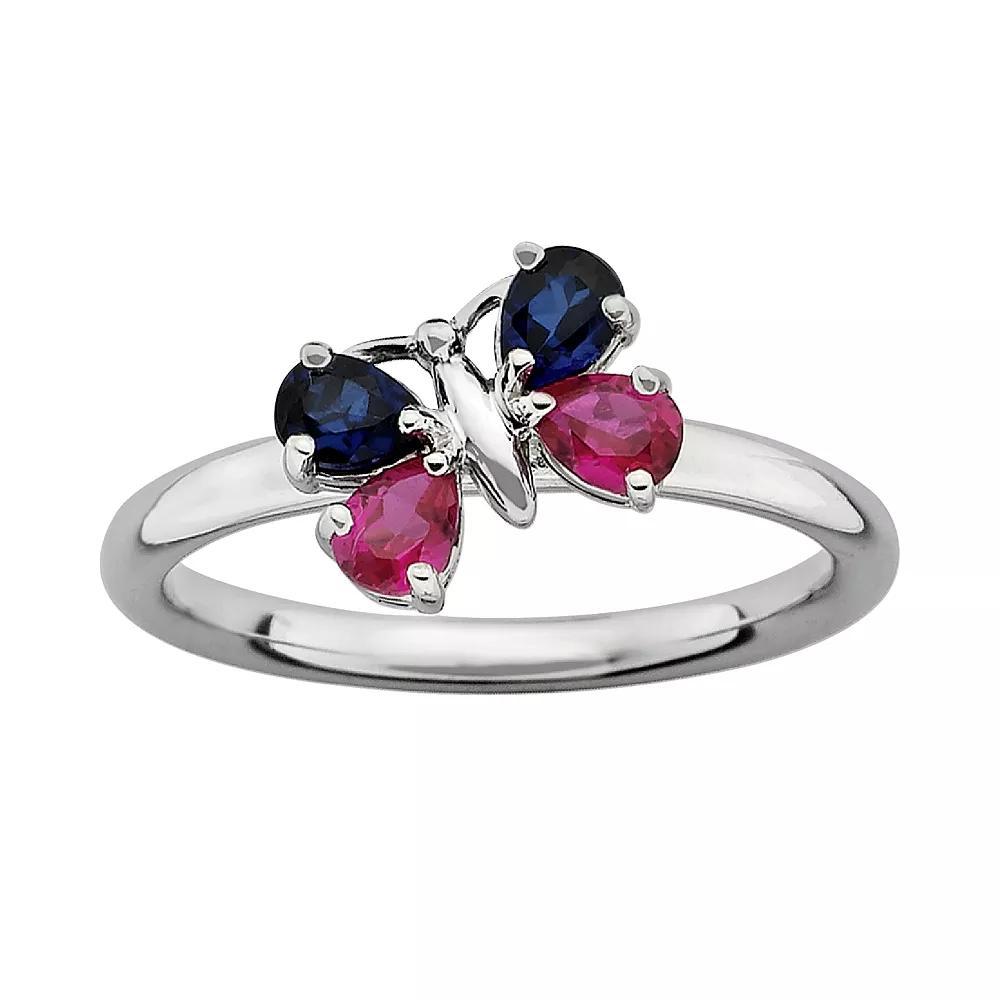 Stacks & Stones Sterling Silver Lab-Created Ruby & Lab-Created Sapphire Butterfly Stack Ring, Women's, Size: 7, Multicolor Product Image