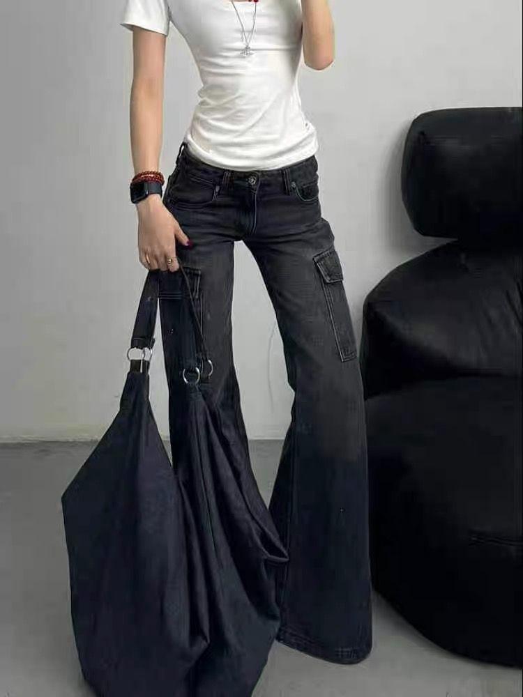 Low Rise Washed Pocket Straight-Fit Boot-Cut Jeans Product Image