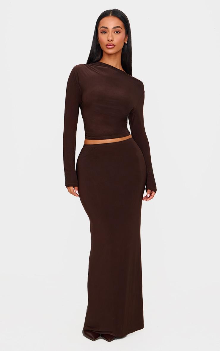 Petite Chocolate Asymmetric Long Sleeve Ruched Top Product Image