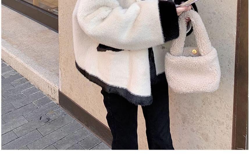 Stand Collar Contrast Trim Fluffy Button-Up Jacket Product Image