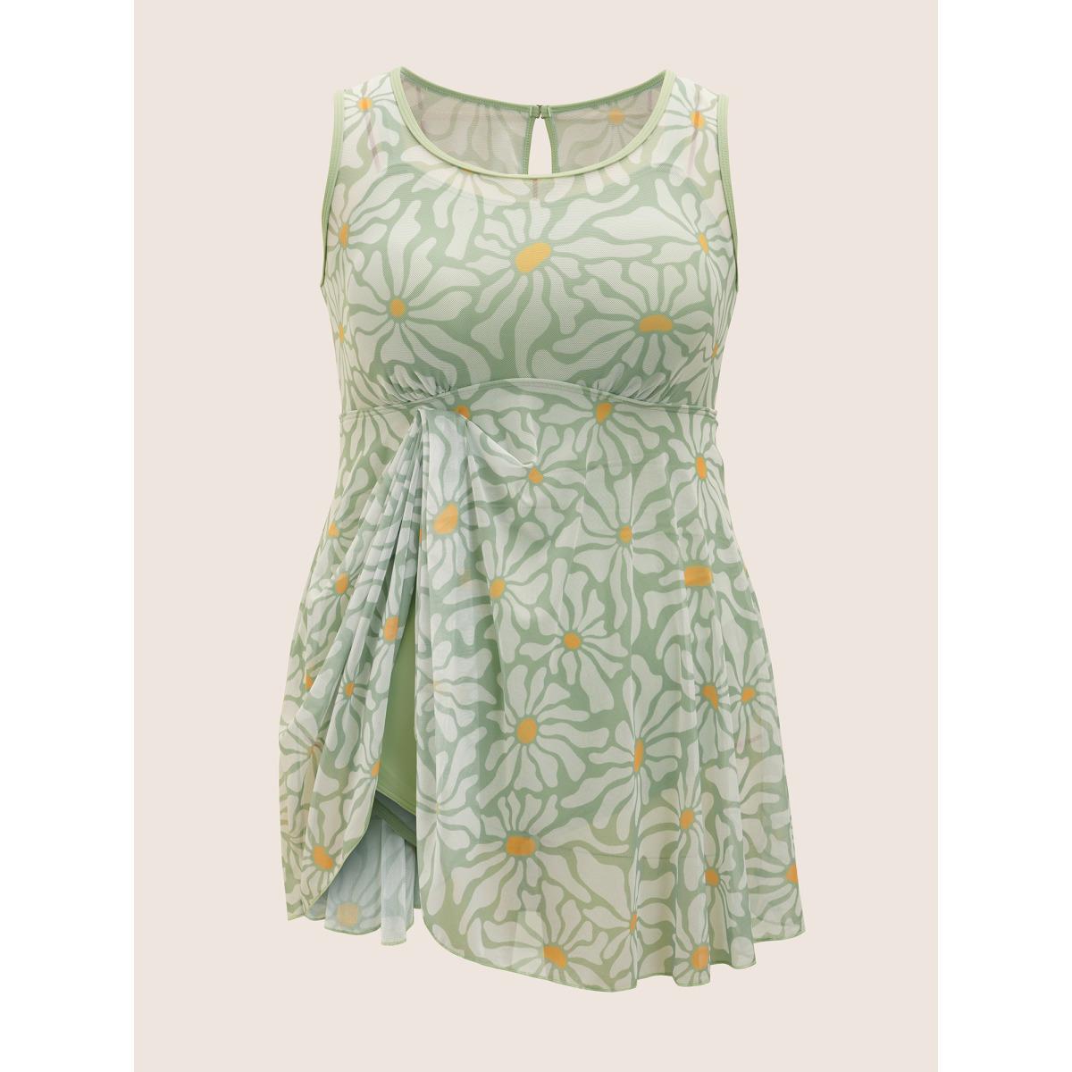 Plus Size Sun Print U Neck See Through Gathered Swim Dress Women's Swimwear Palemauve Beach Bodycon U-neck High stretch Curve Swim Dresses BloomChic 10/M Product Image