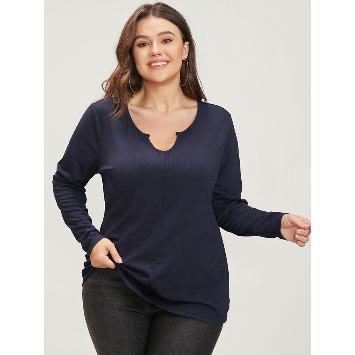 Plus Size Solid Notched Rib Knit Long Tee Midnight Women Elegant Plain V-neck Dailywear T-shirts BloomChic 28/5X Product Image