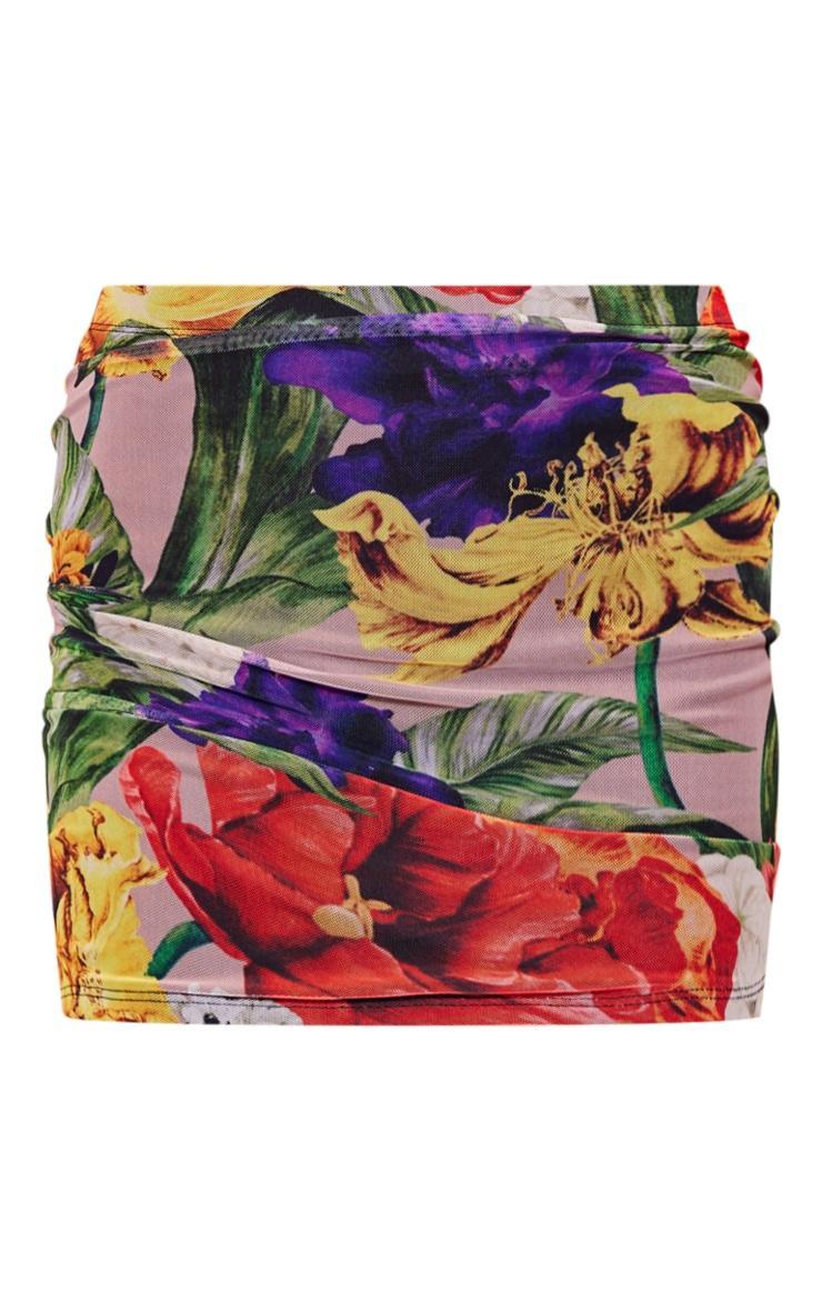 Multi Floral Print Mesh Lined Extreme Asymmetric Mini Skirt Product Image