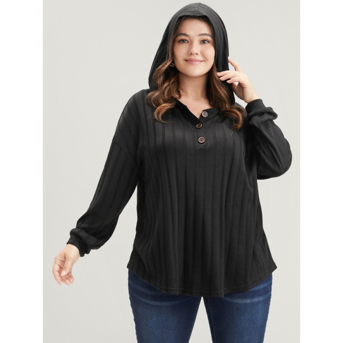 Plus Size Solid Button Rib Knit Arc Hem Hooded Sweatshirt Women Black Elegant Arc Hem Hooded Dailywear Sweatshirts BloomChic 18-20/2X Product Image