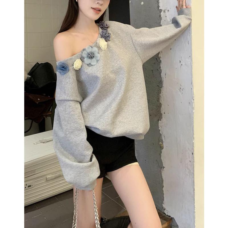 Off-Shoulder Asymmetrical Floral Accent Sweatshirt Product Image
