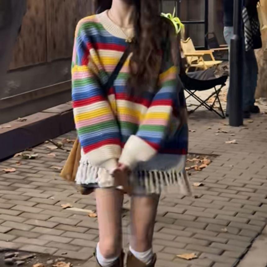 Round Neck Rainbow Striped Fringed Sweater Product Image