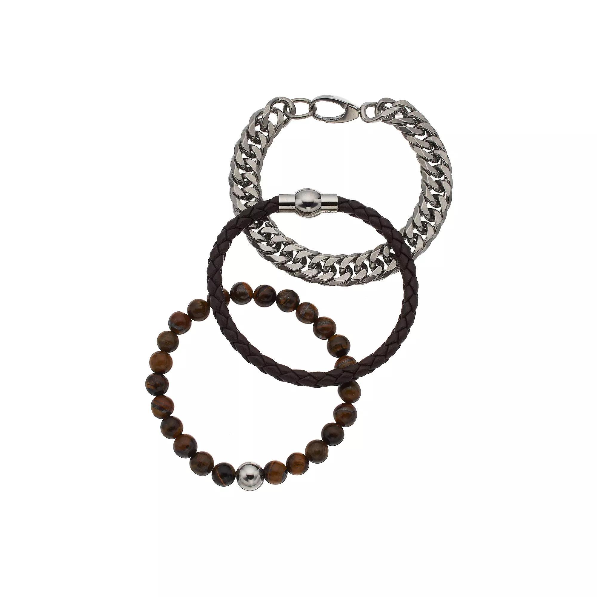 Men's Stainless Steel Lab-Created Tiger's-Eye Beaded, Leather & Curb Chain Bracelet Set, Size: 8" Product Image