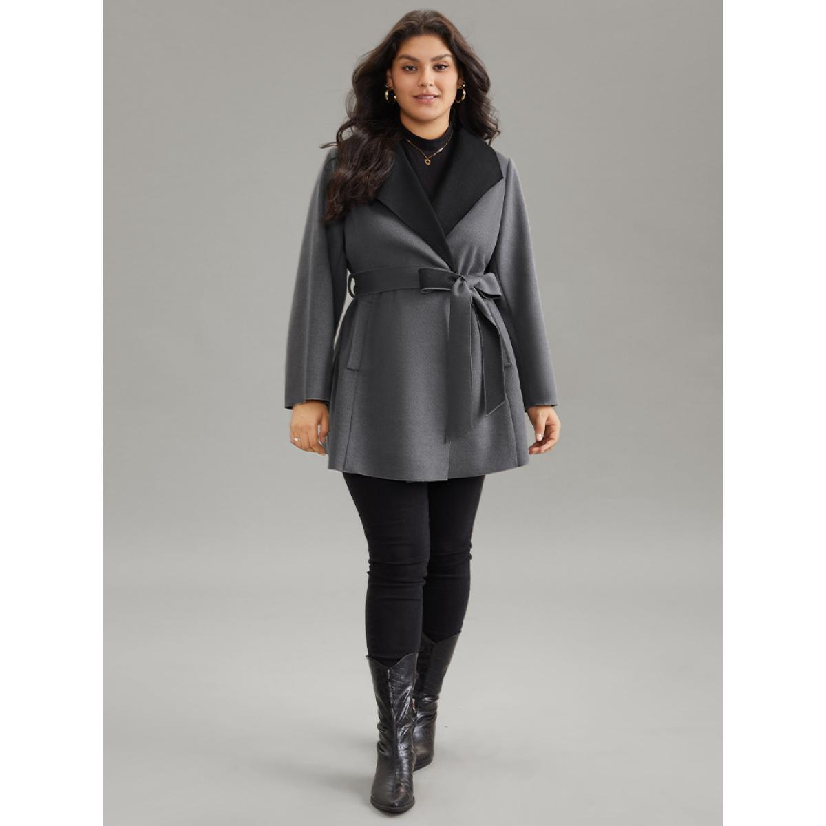 Plus Size Lapel Collar Contrast Belted Coat Women Gray Elegant Belted Ladies Everyday Winter Coats BloomChic 30/6X Product Image