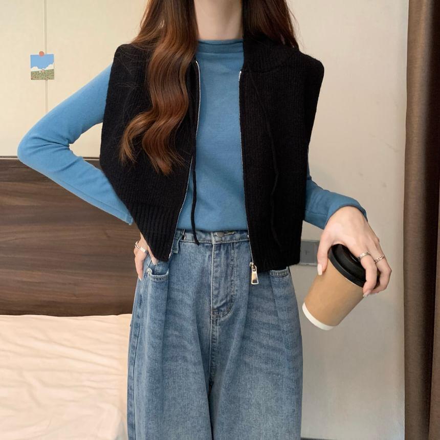 Plain Hood Zip Sweater Vest / Long-Sleeve Mock Neck Plain Top Product Image