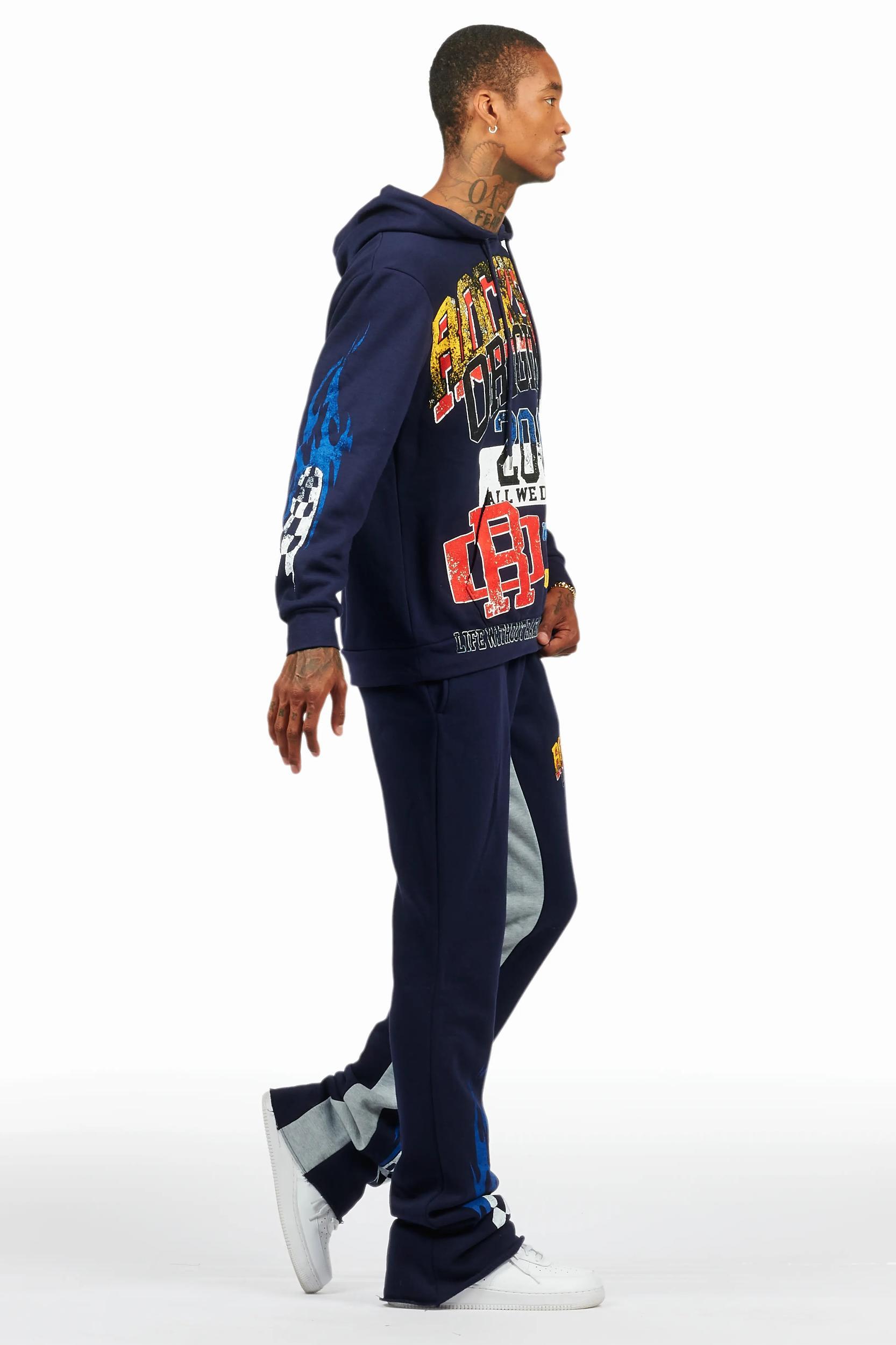 Colorful Race Navy Hoodie/Baggy Track Pant Set Male Product Image